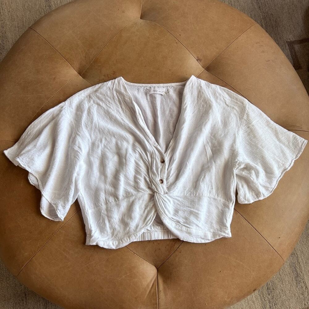 Twist Front Crop Top White Linen Look Romantic Coastal Boho Flutter Sleeve S - Picture 4 of 10